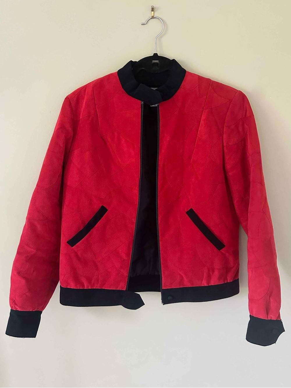 Vintage Clarissa UltraSuede Quilted Bomber Jacket Red Black Trim Size Small